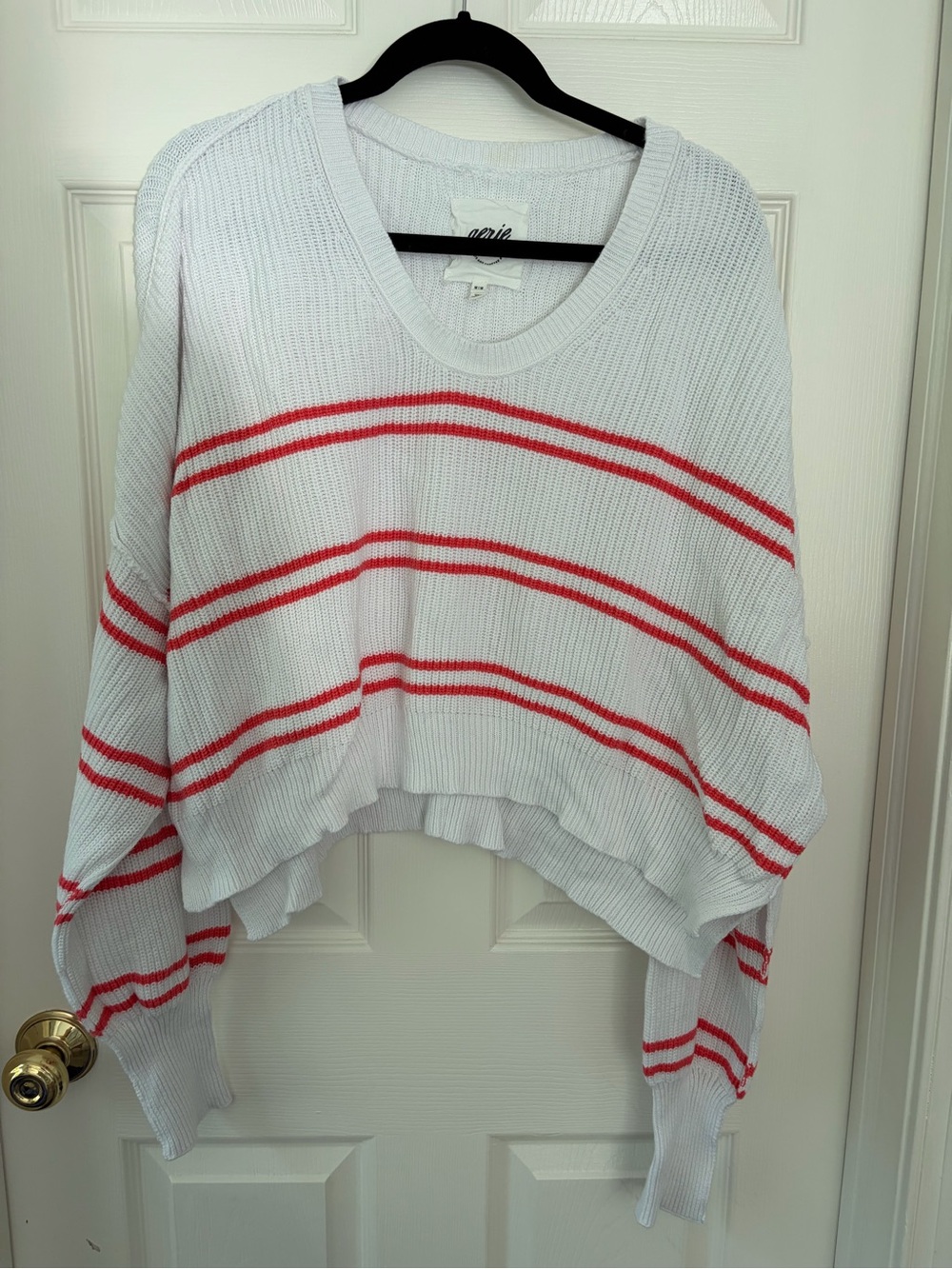 aerie White V-Neck Cropped Sweater with Orange Stripes